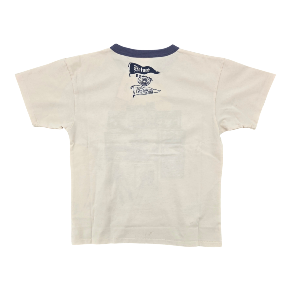 MILWORKS Varsity Tee in slate blue with ringer collar and vintage-style pennant embroidery on the back