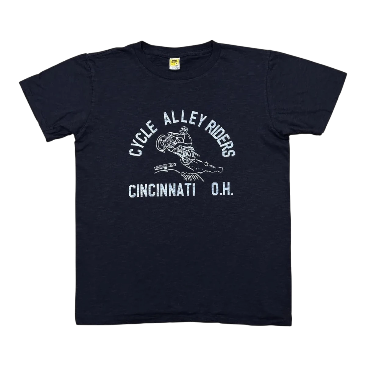 MILWORKS Velva Sheen black crew neck t-shirt with vintage Cycle Alley Riders graphic print made in the USA