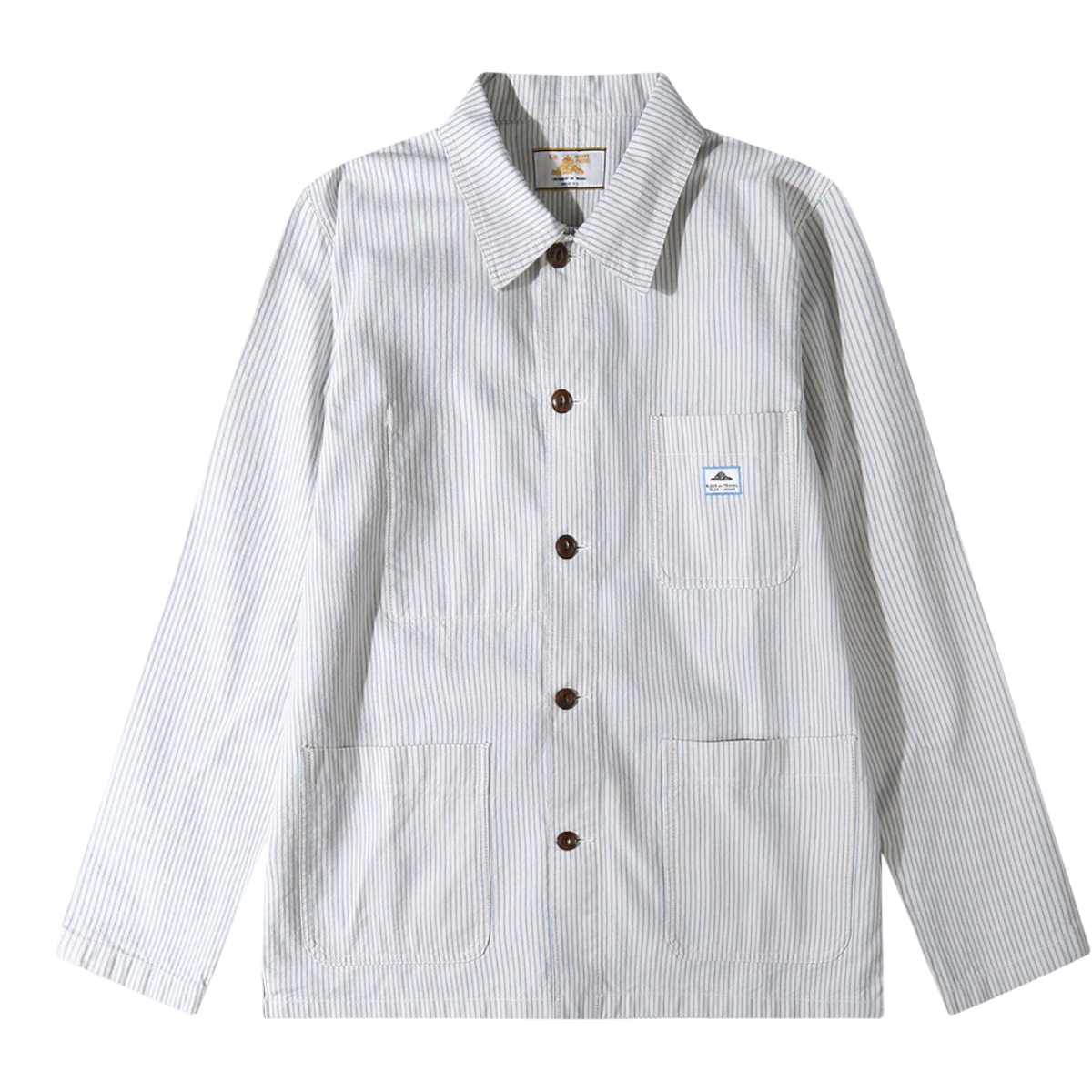 MILWORKS Vins striped cotton work jacket with a structured collar, corozo buttons, and three front patch pockets.
