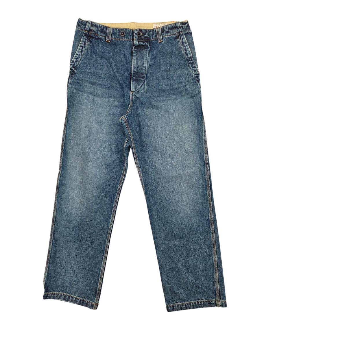 MILWORKS washed denim carpenter pants featuring a high rise, straight wide leg, and oversized patch pockets.