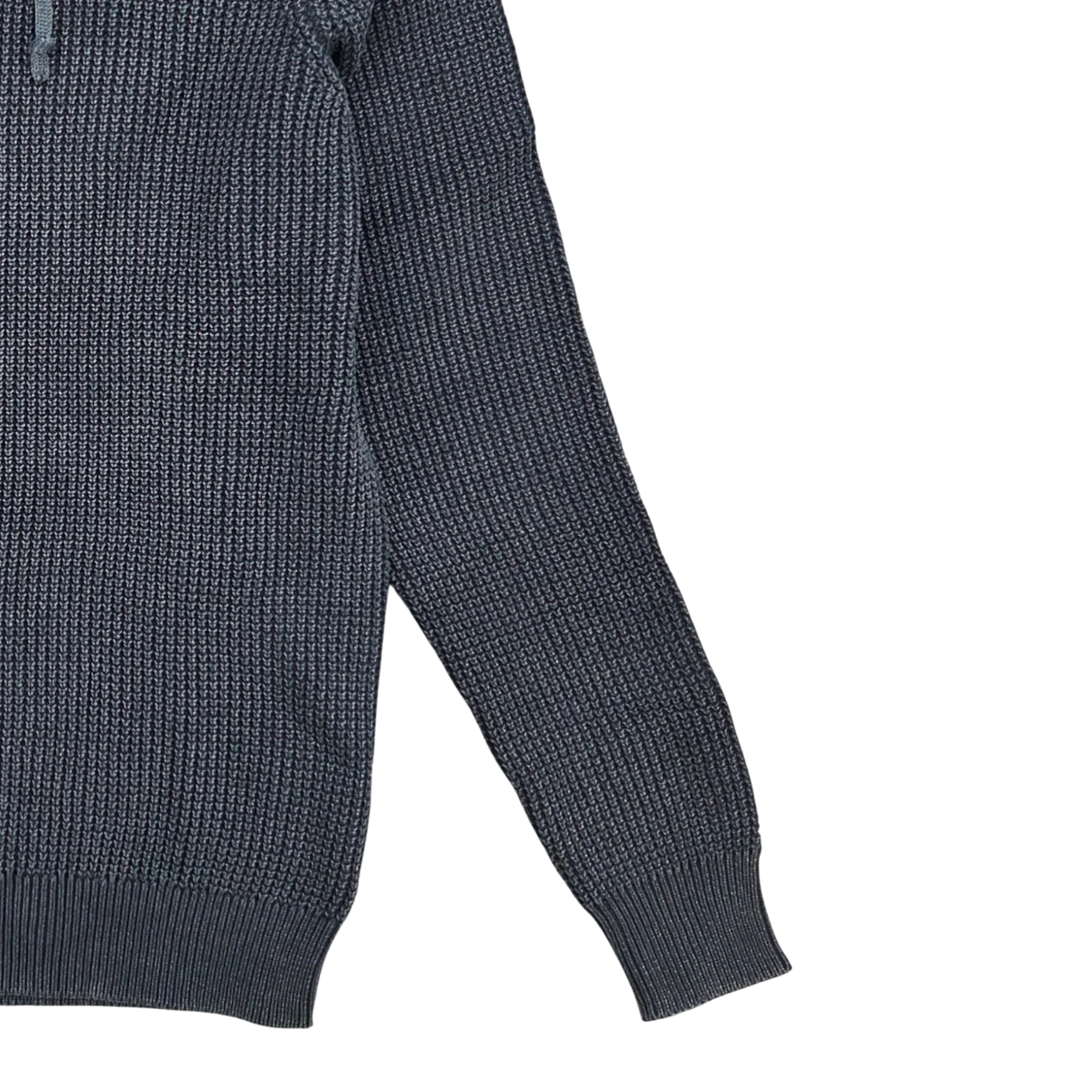 MILWORKS washed navy hooded sweater in a textured recycled cotton blend knit with ribbed cuffs and hem.