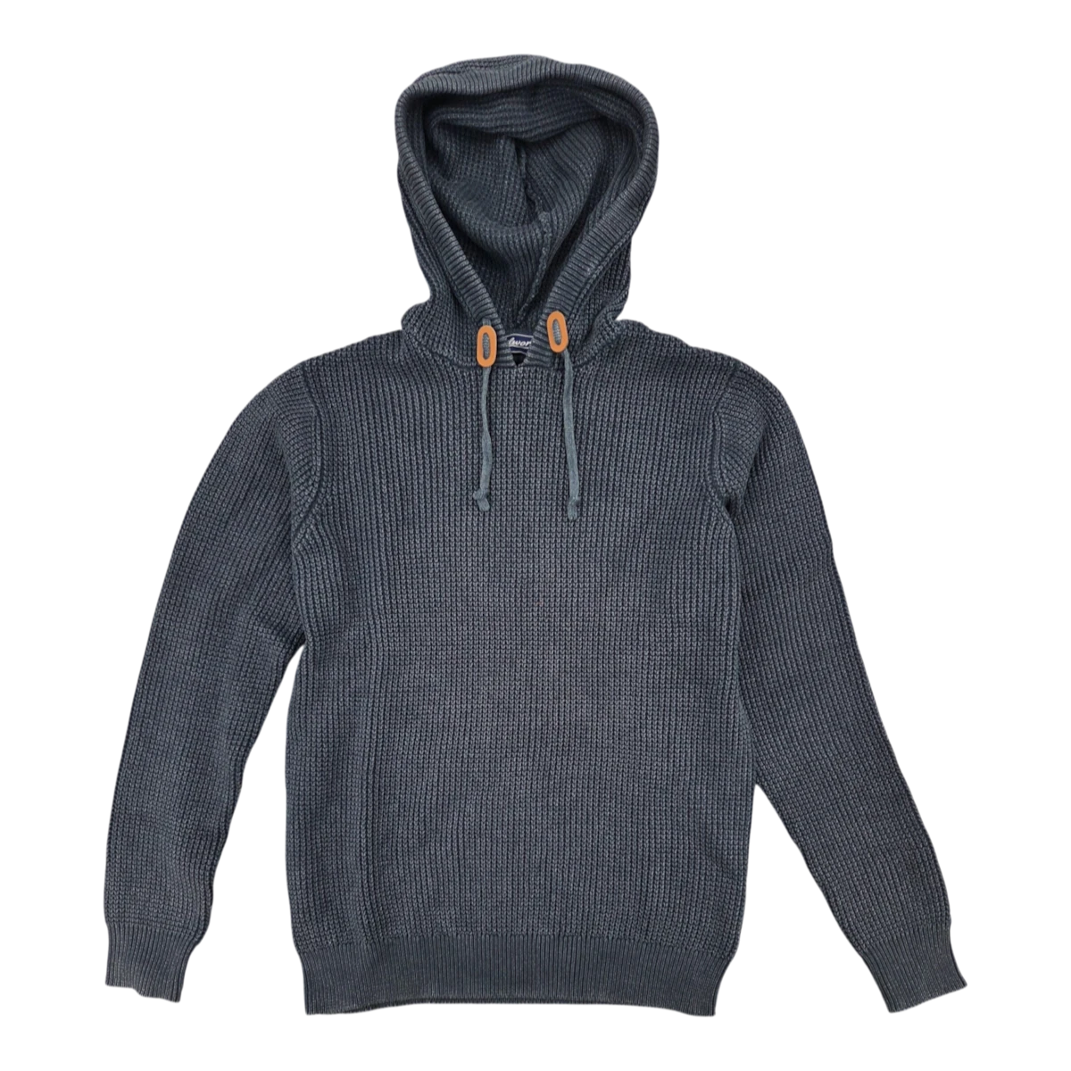MILWORKS washed navy hooded sweater in textured cotton blend knit with ribbed cuffs and leather drawstring accents
