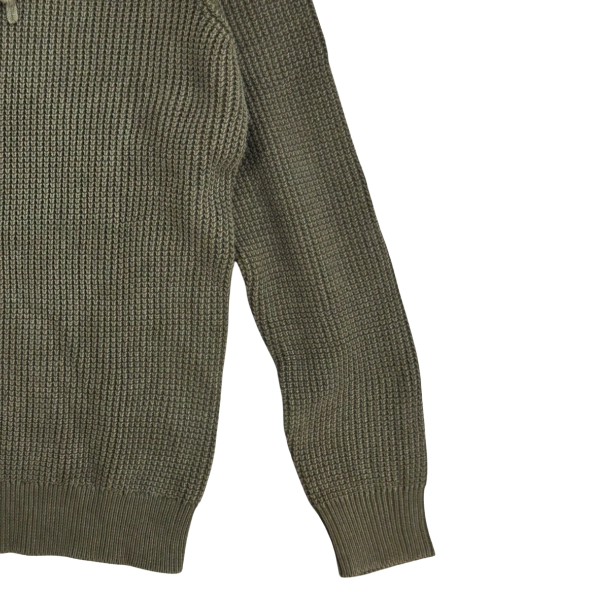 MILWORKS washed olive hooded sweater in a textured recycled cotton blend knit with ribbed cuffs and hem.