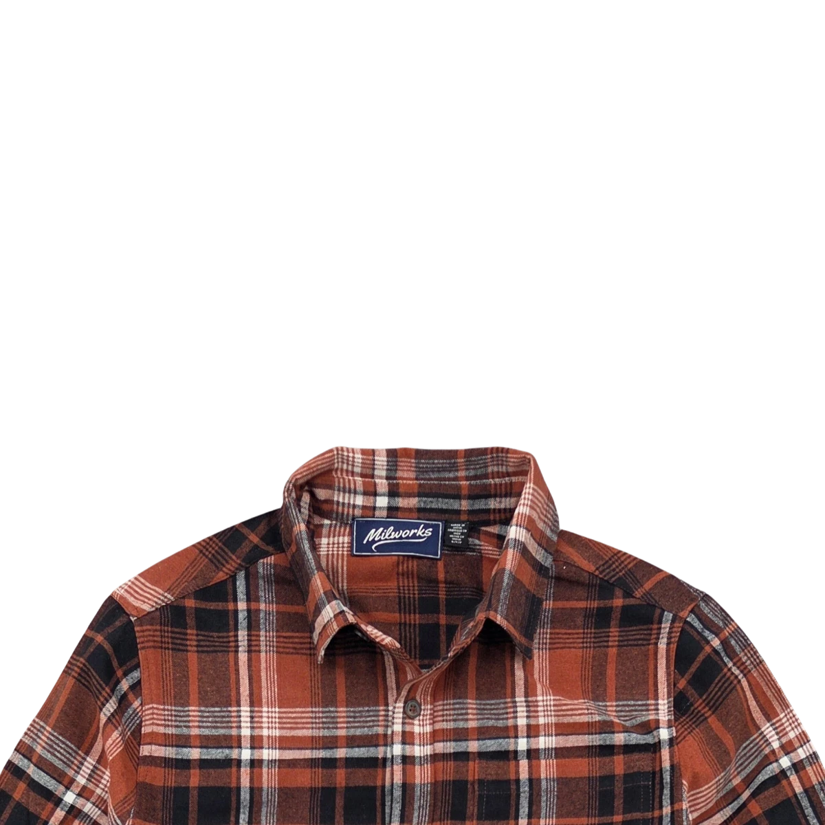 MILWORKS classic brushed flannel shirt in a washed red and black plaid pattern with a button-down collar.