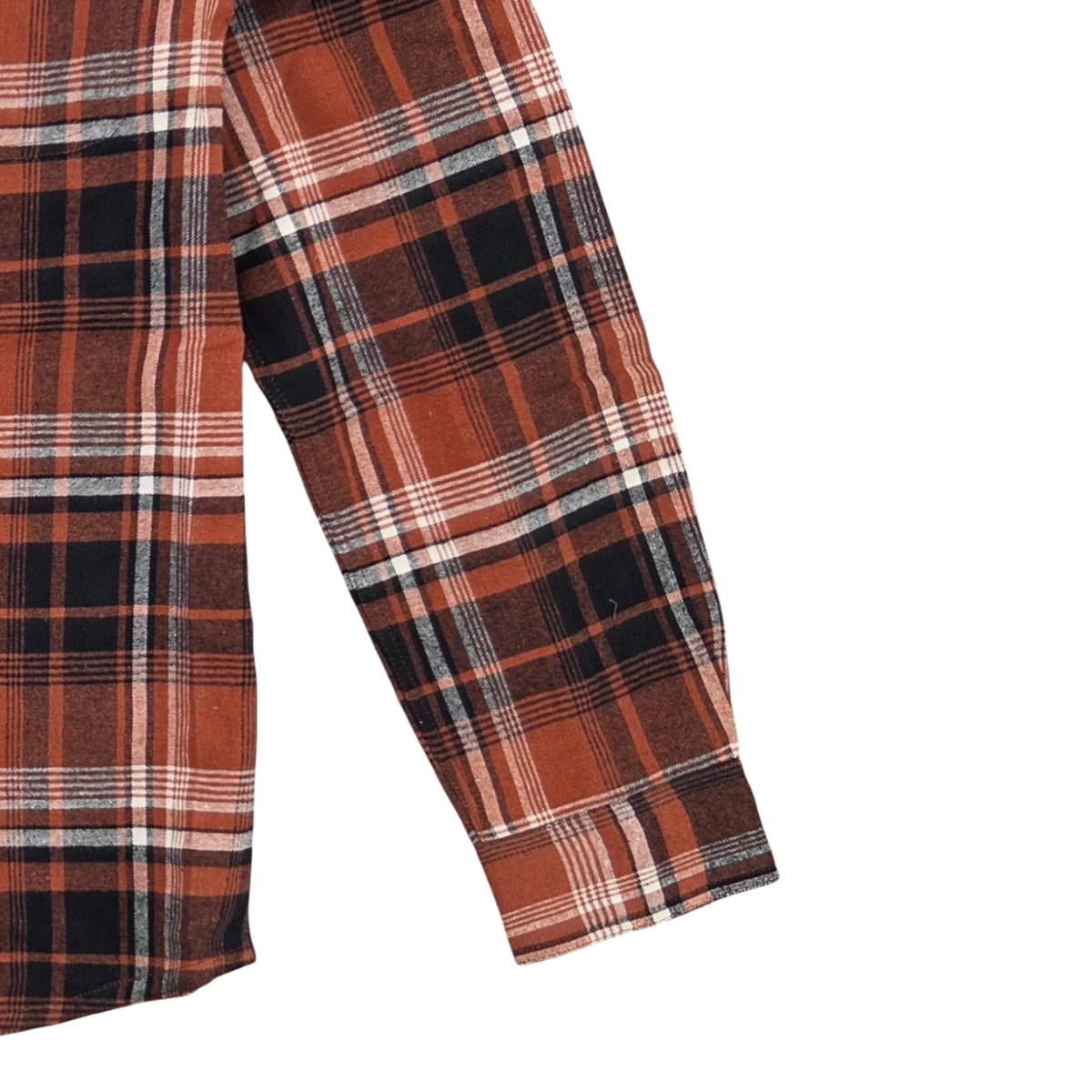 MILWORKS brushed flannel shirt sleeve in a washed red, black, and white plaid pattern with buttoned cuff