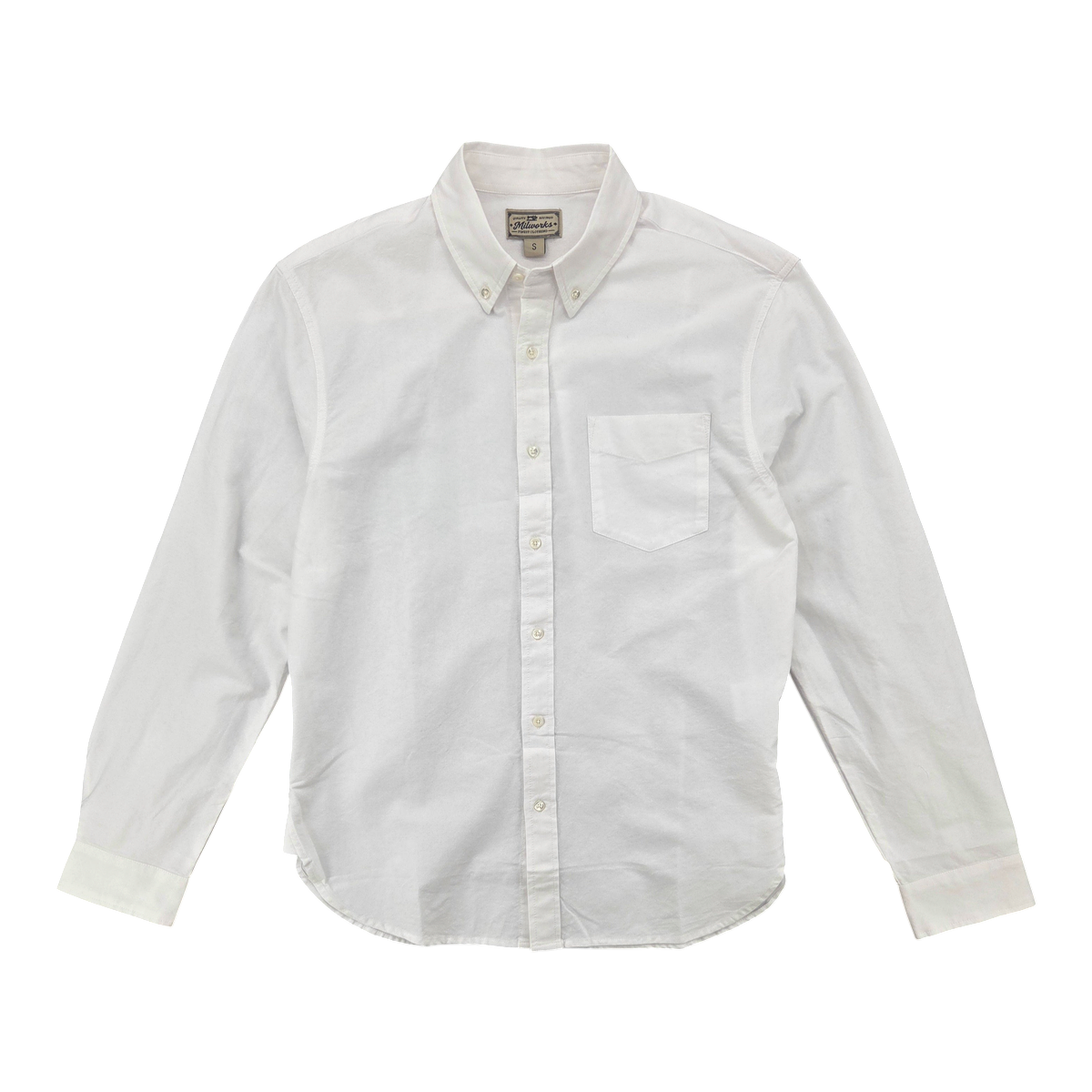 MILWORKS white long-sleeve oxford cloth button-up shirt with a chest pocket and button-down collar.