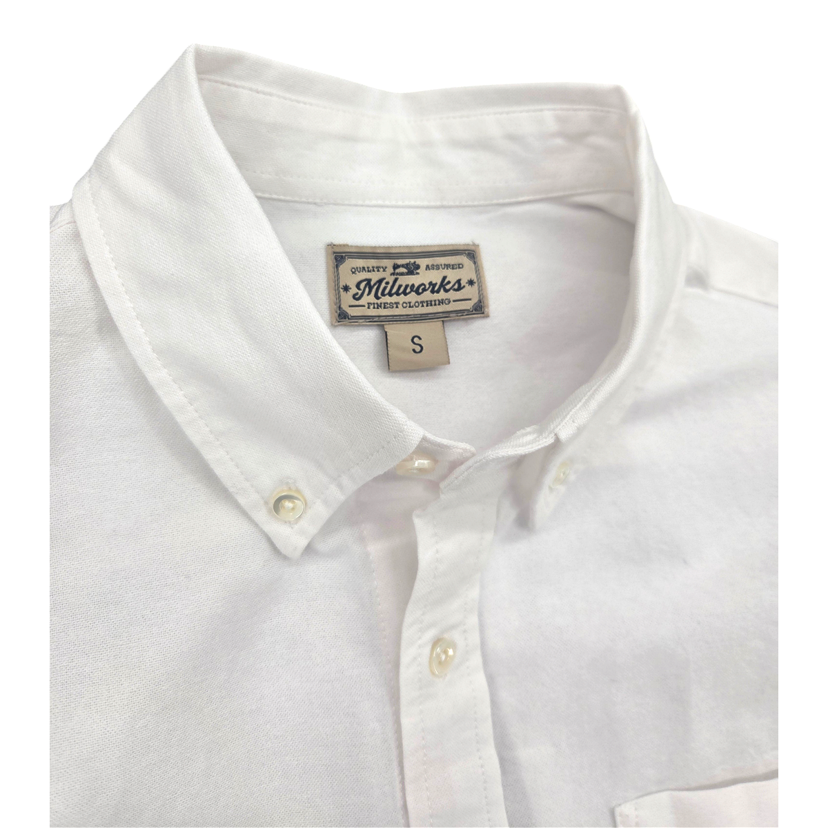 MILWORKS white oxford cloth button-down shirt with a classic collar and branded neck label