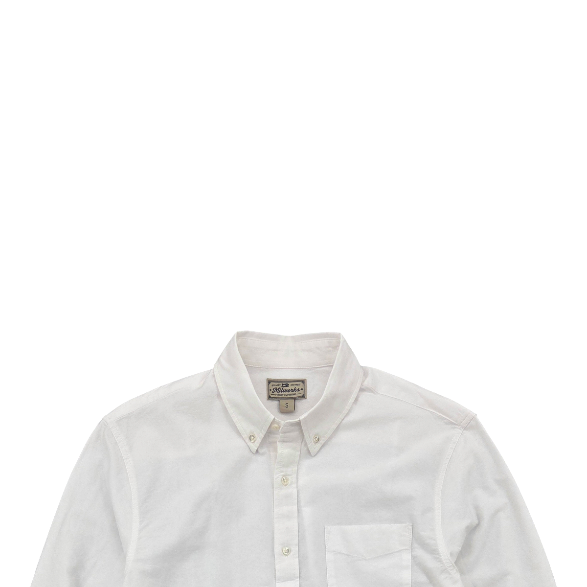 MILWORKS white oxford cloth button-up shirt with a classic collar and chest pocket