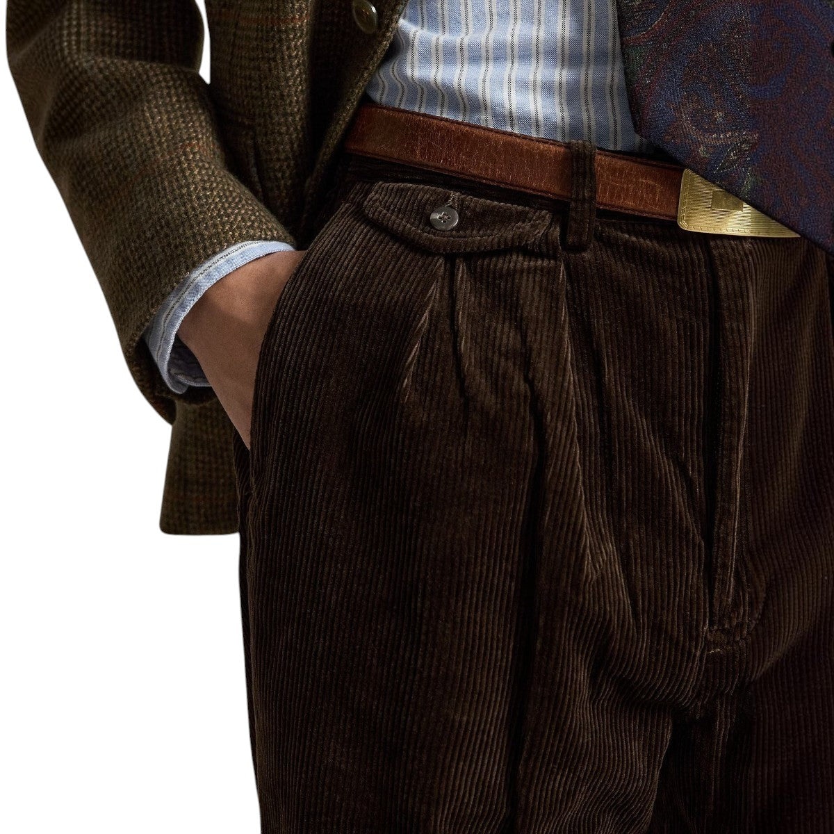 MILWORKS Whitman relaxed fit dark beech brown cotton corduroy pants with double-pleated front and side pocket detail