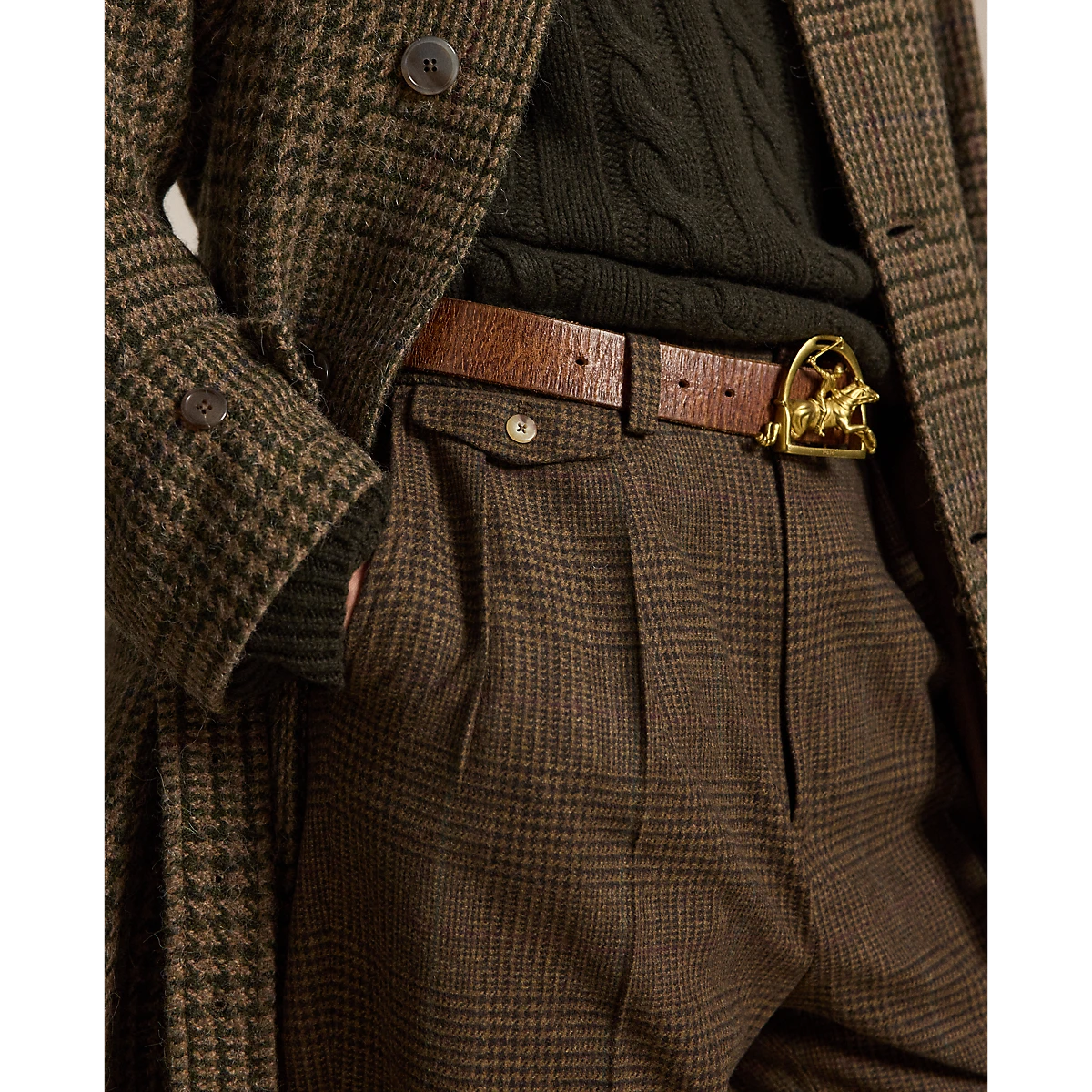 MILWORKS Whitman relaxed fit pleated pants in honey brown glen plaid wool with a leather belt and gold buckle