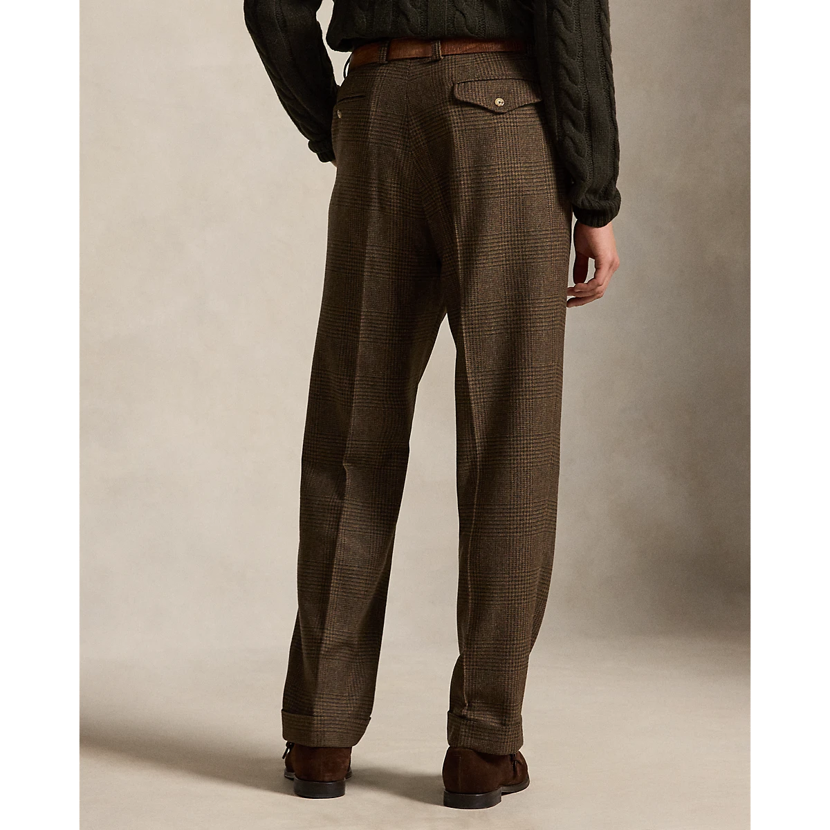 MILWORKS Whitman relaxed fit pleated trousers in honey brown glen plaid wool with back buttoned pockets