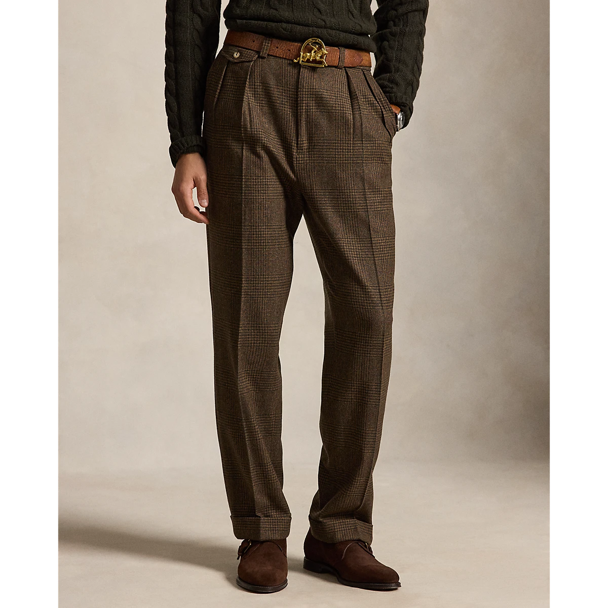 MILWORKS Whitman relaxed fit pleated trousers in honey brown glen plaid wool with a cuffed hem