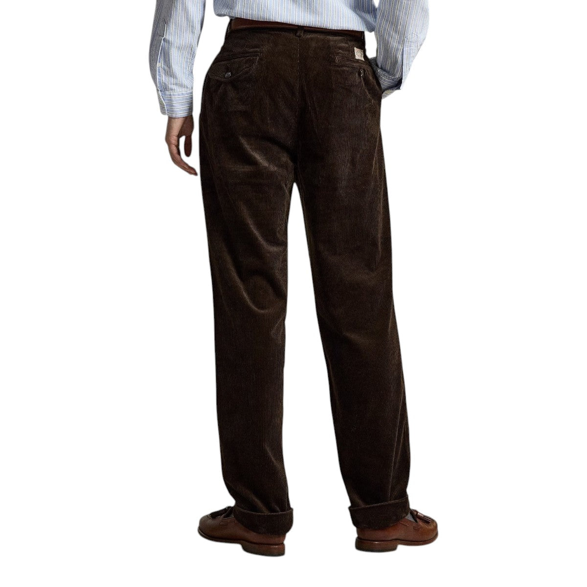 MILWORKS Whitman relaxed fit corduroy pants in dark beech brown with back pockets and cuffed hems, rear view