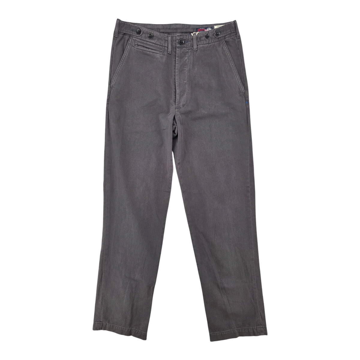 MILWORKS Wilkison wide-leg trousers in washed charcoal with a flat-front design and vintage-inspired button details.