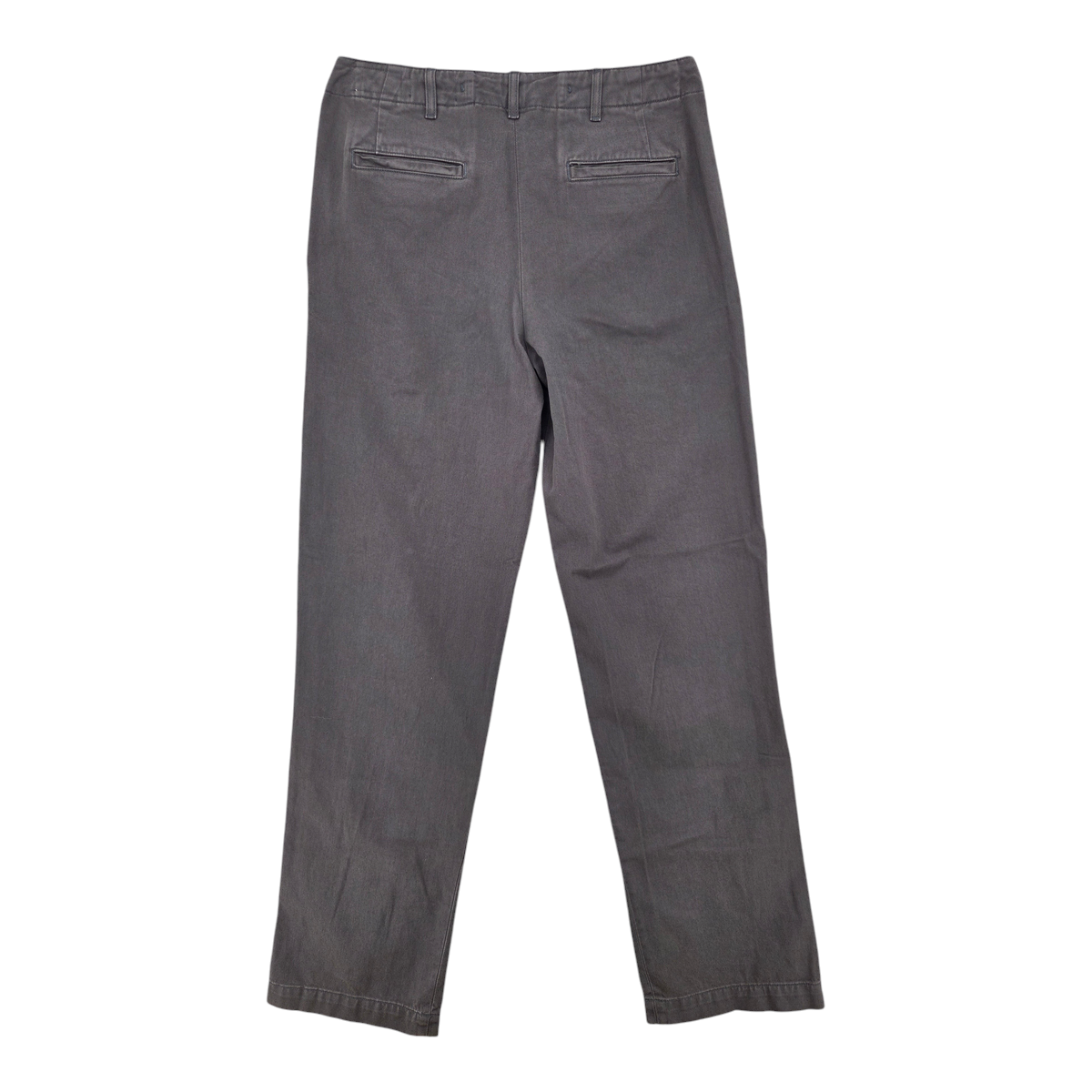 MILWORKS Wilkison trousers in washed charcoal featuring a wide-leg fit, flat front, and rear welt pockets.