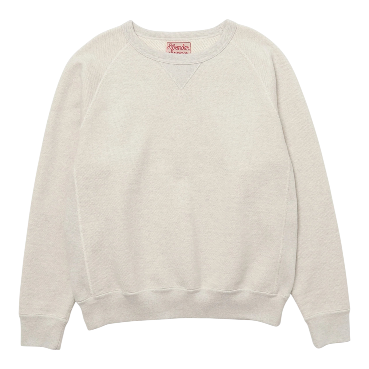 MILWORKS wonderlooper oatmeal double heavyweight French terry crewneck sweatshirt with raglan sleeves and vintage V-gusset detail.