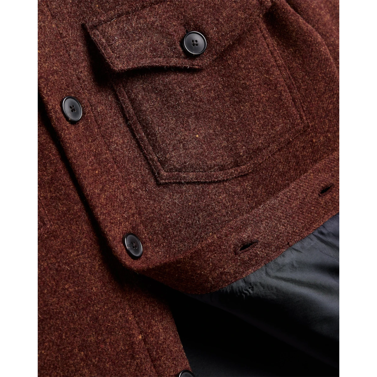MILWORKS Portuguese Flannel Wool Field Overshirt in terroir brown with resin buttons and black viscose lining
