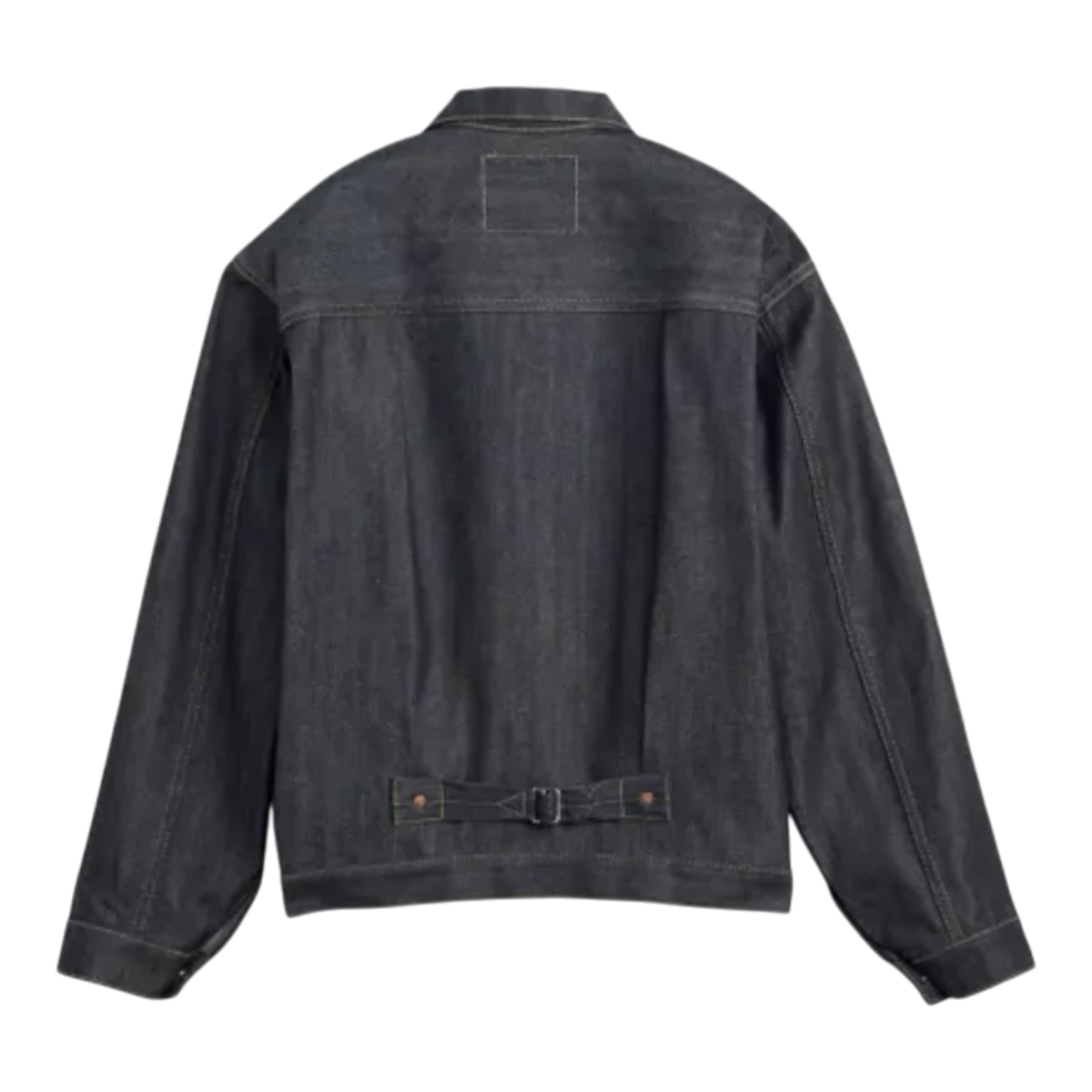 Back view of MILWORKS Levis Vintage Clothing WWII trucker jacket in 13oz rigid dark denim with cinch back detail