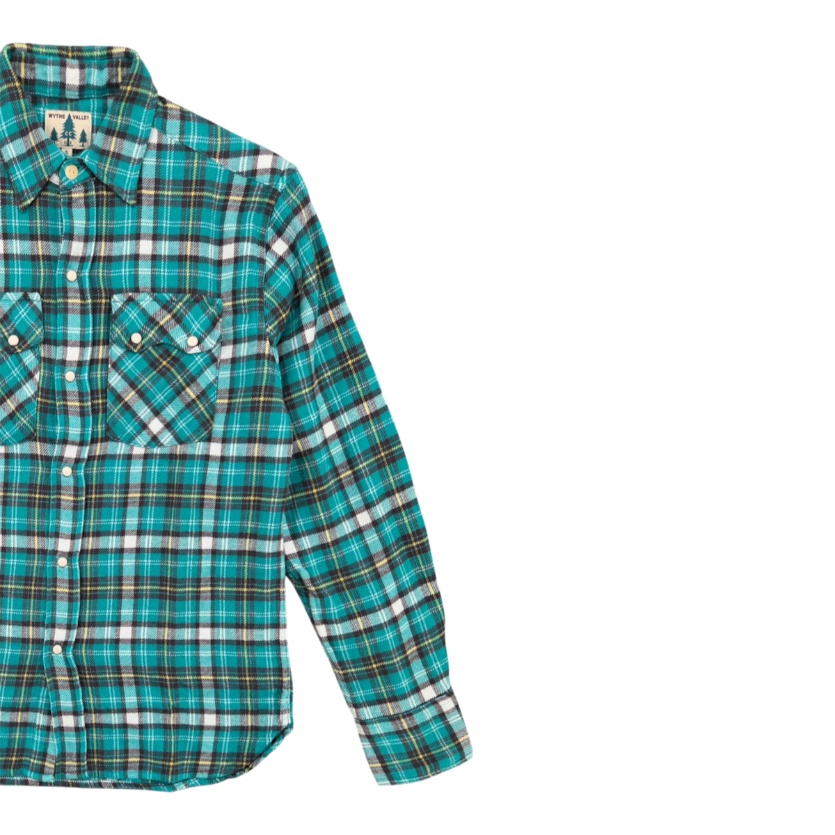 MILWORKS Wythe Washed Flannel Pearlsnap Shirt in Thousand Lakes Plaid with cream pearl snaps and sawtooth pockets