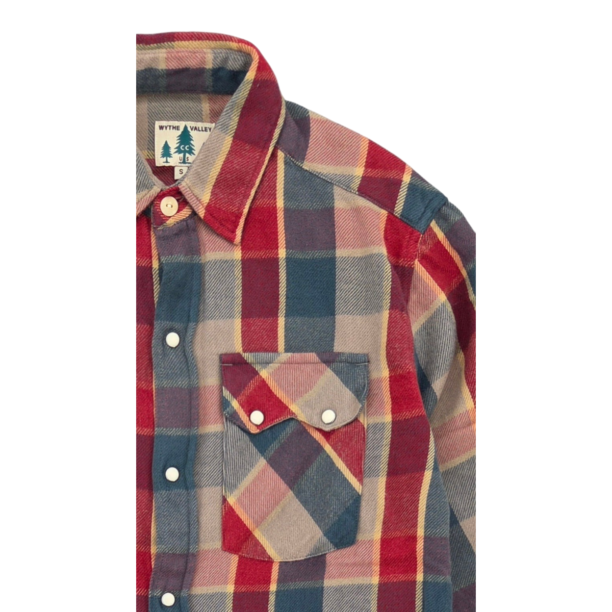 MILWORKS Wythe flannel shirt in conservation plaid with pearl snap buttons and sawtooth chest pocket