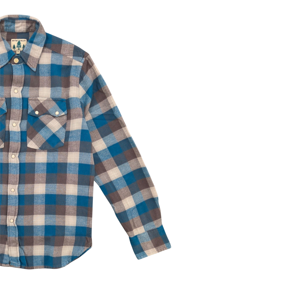 MILWORKS Wythe washed flannel pearlsnap shirt in glacier plaid with cream pearl snap buttons and sawtooth pockets.