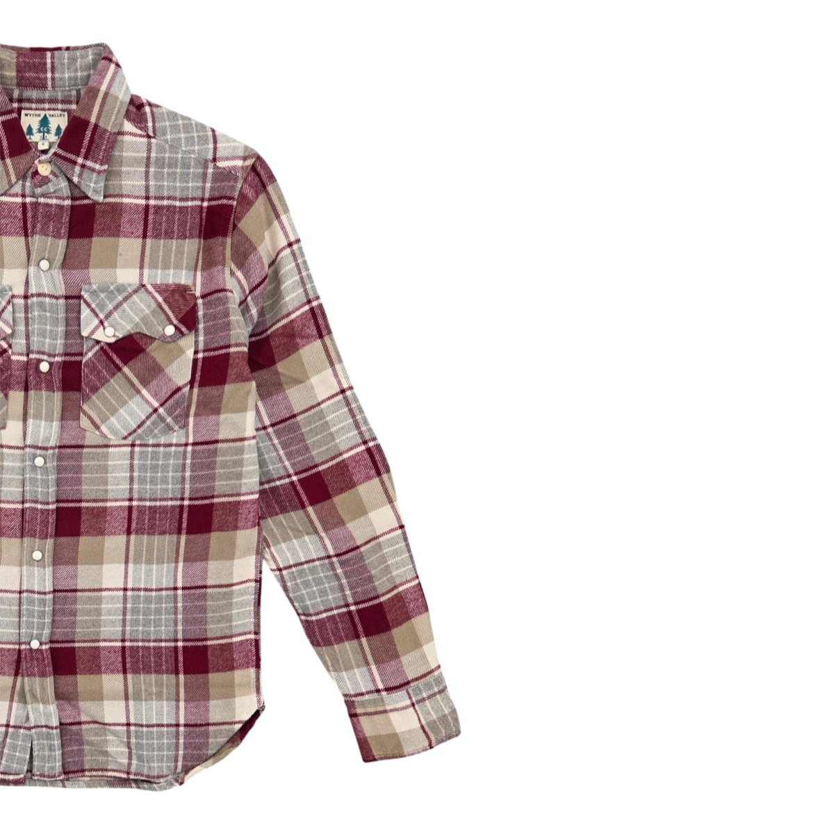 MILWORKS Wythe washed flannel pearlsnap shirt in merlot plaid with sawtooth pockets and cream pearl snap buttons