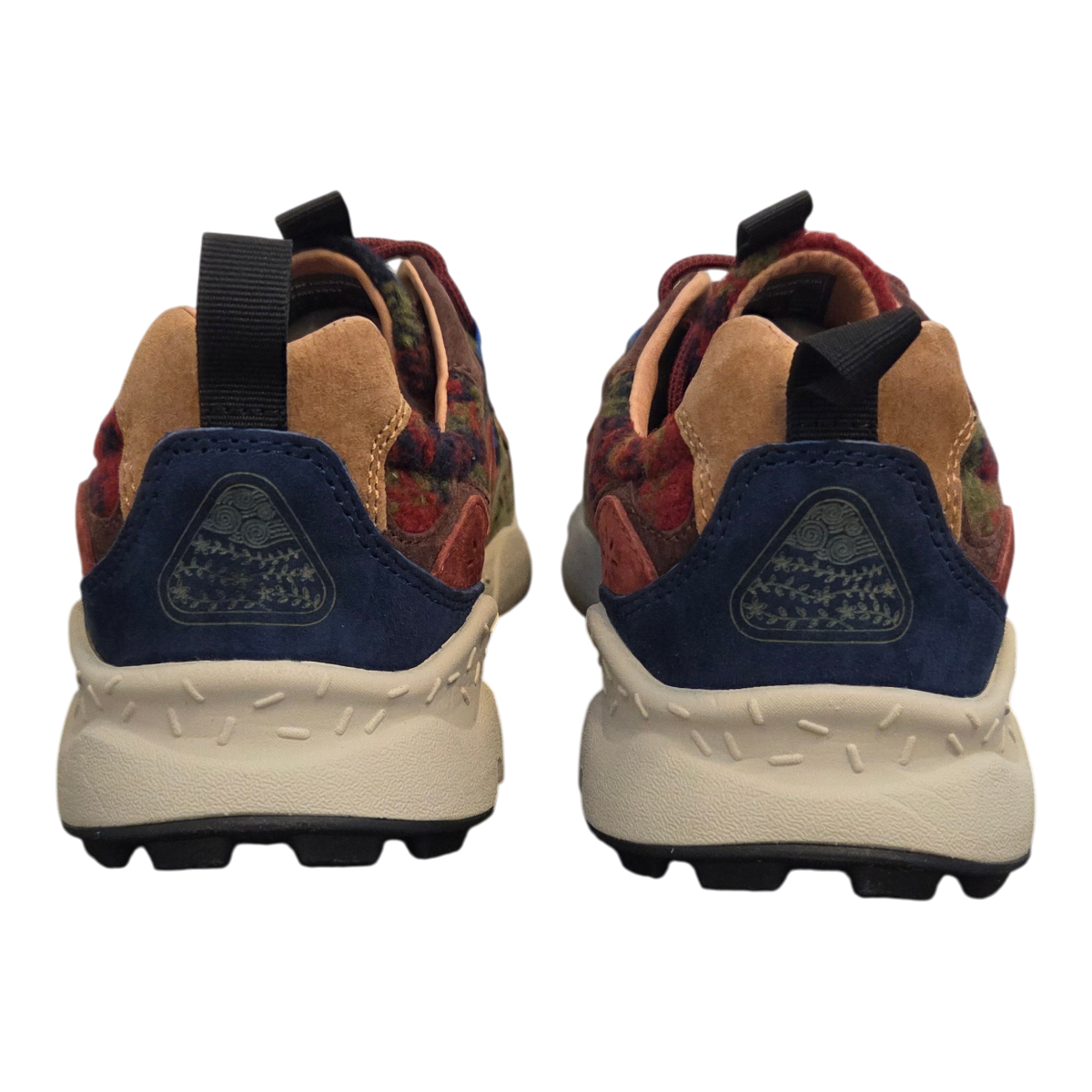 MILWORKS Yamano 3 low-rise sneakers in dark grey, brown, and bordeaux suede and technical fabric, rear view.