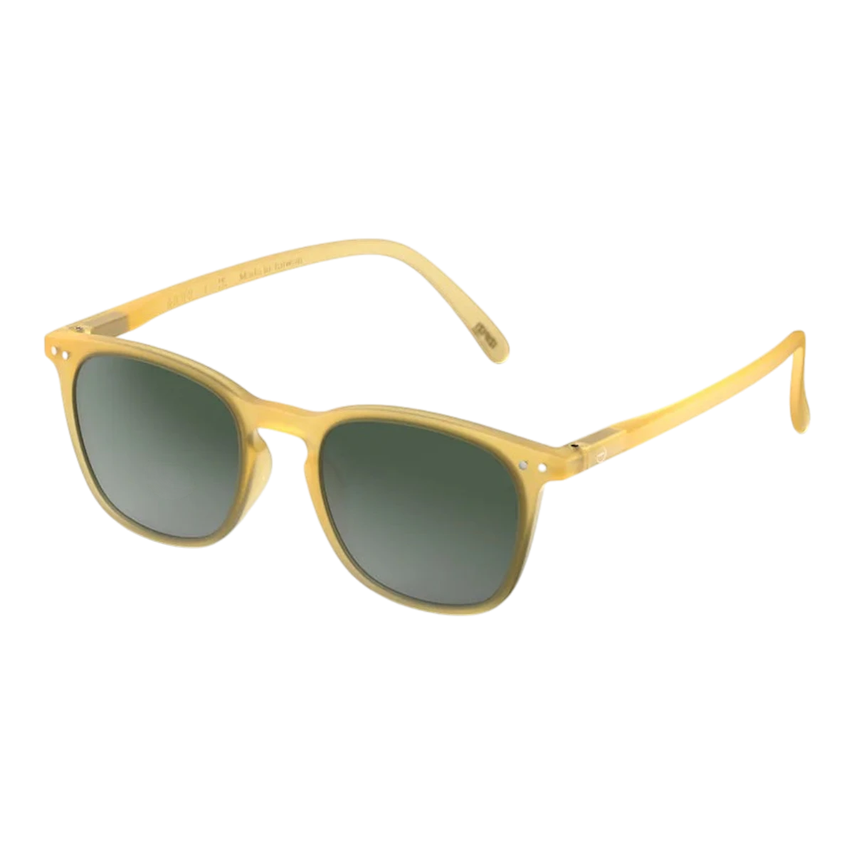 MILWORKS #E sunglasses in translucent yellow honey with a soft-touch frame and green tinted lenses.