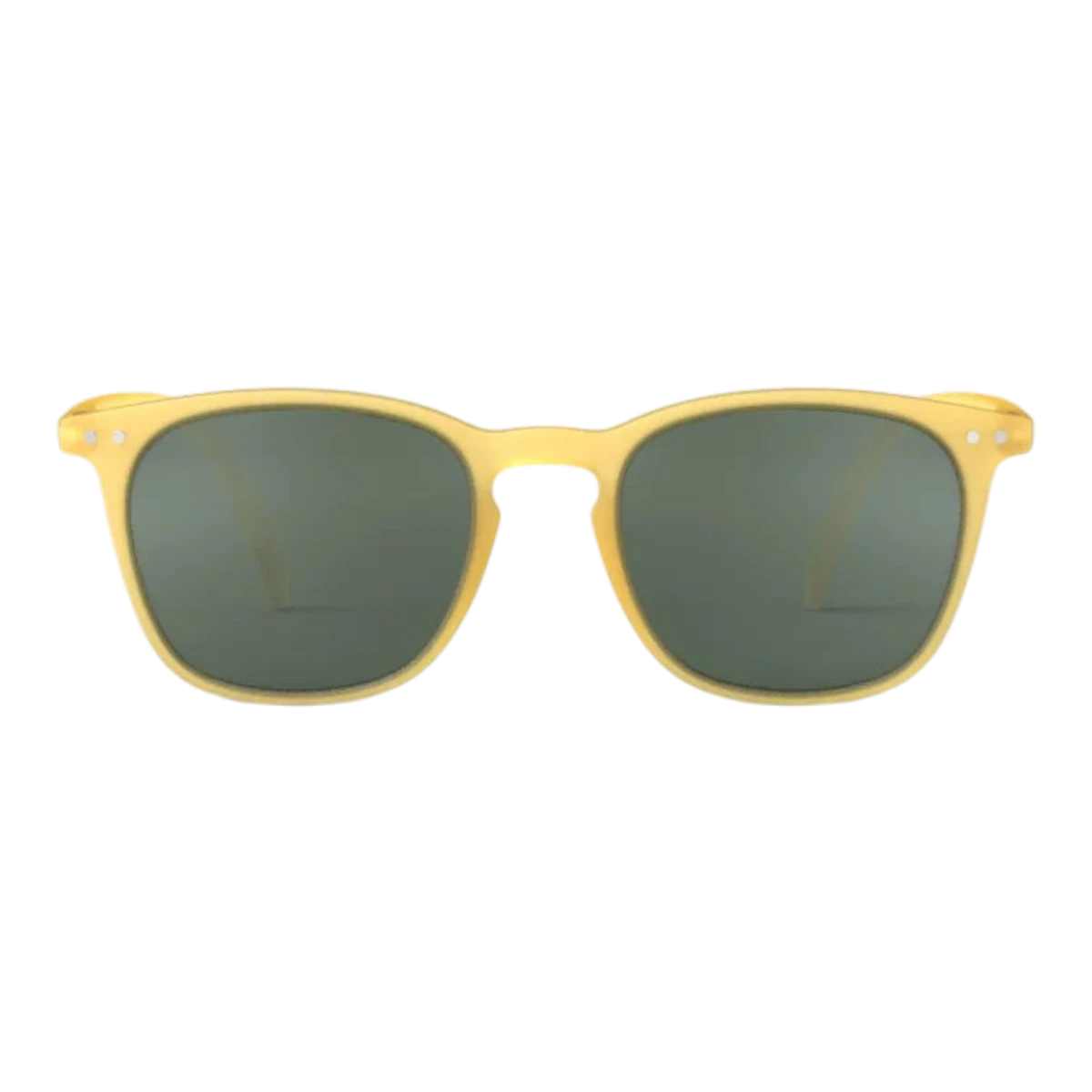 MILWORKS #E sunglasses in translucent yellow honey with a soft-touch frame and green lenses in a trapeze shape.