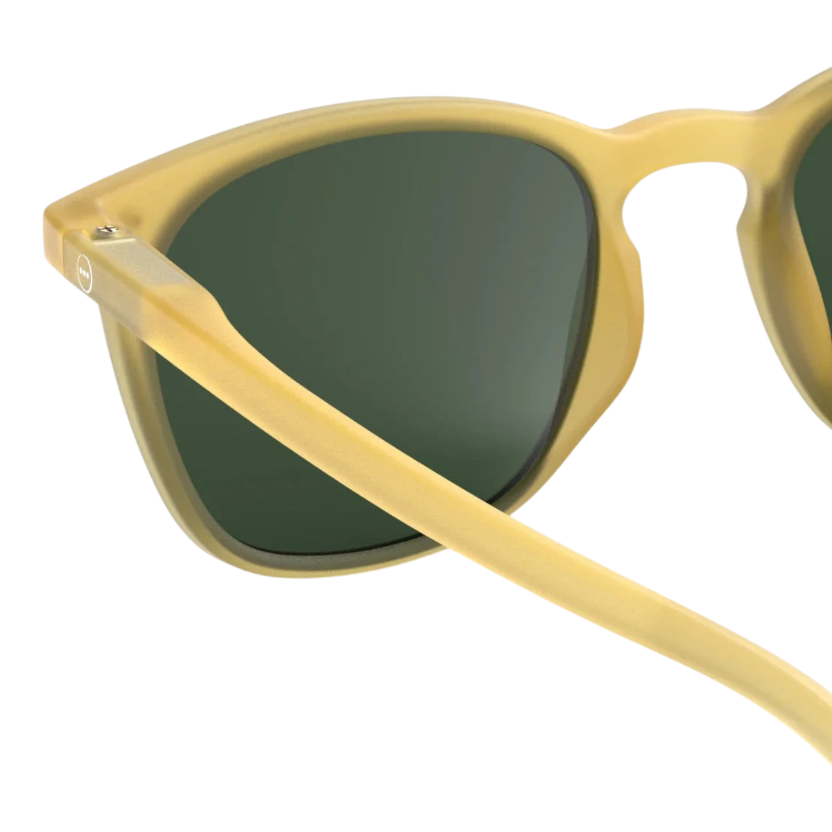 MILWORKS Sunglasses #E in translucent yellow honey with green lenses and a soft-touch trapeze frame.