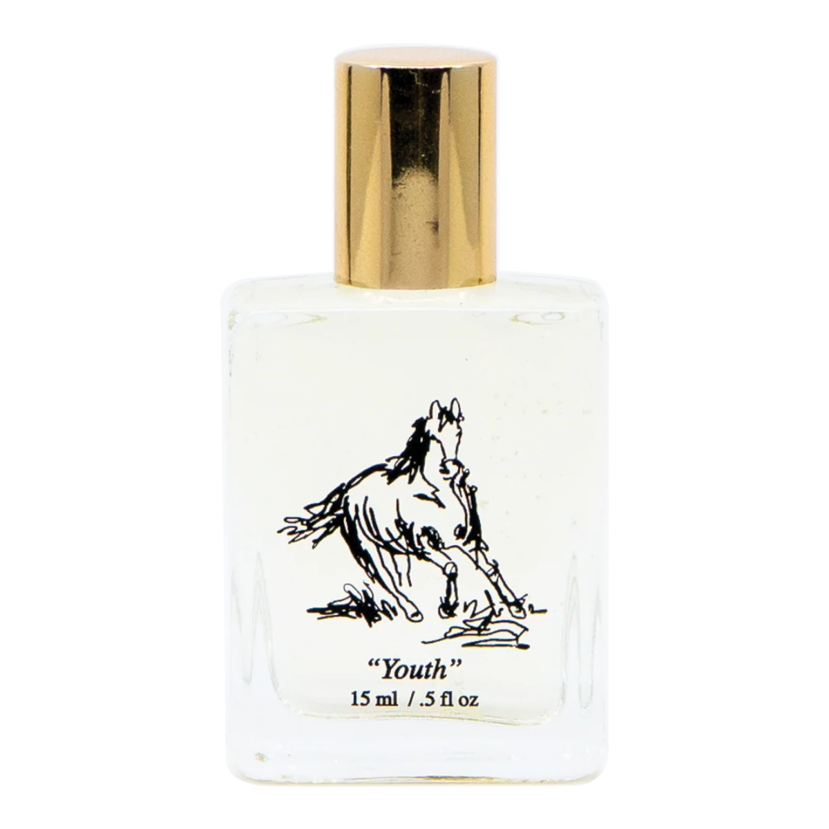 MILWORKS Youth 15ml perfume bottle with a gold cap and a black horse sketch illustration on the clear glass front.