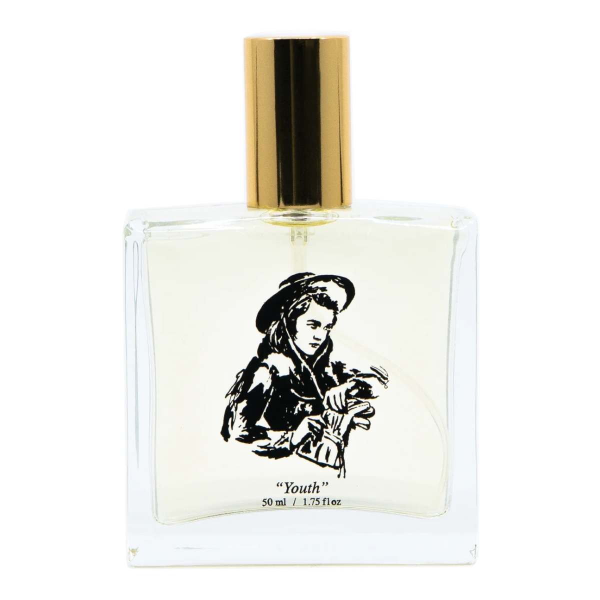 MILWORKS Youth 50ml perfume bottle with gold cap and illustrated cowboy label on clear glass