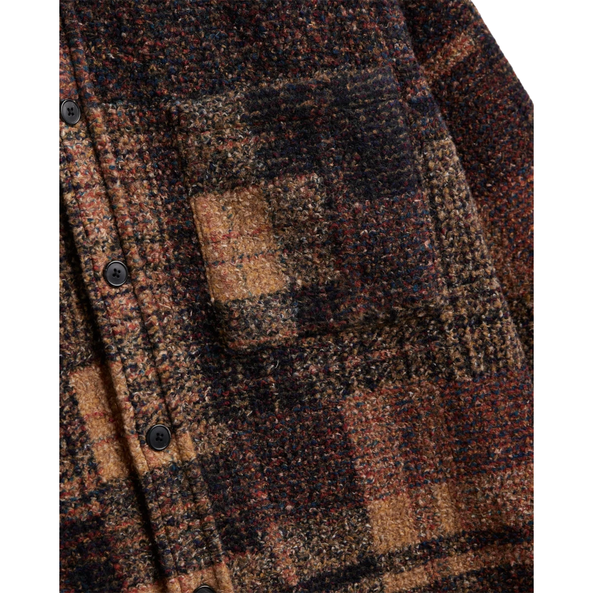 MILWORKS Zender wool plaid shirt featuring a textured multi-colored check pattern and dark resin buttons.