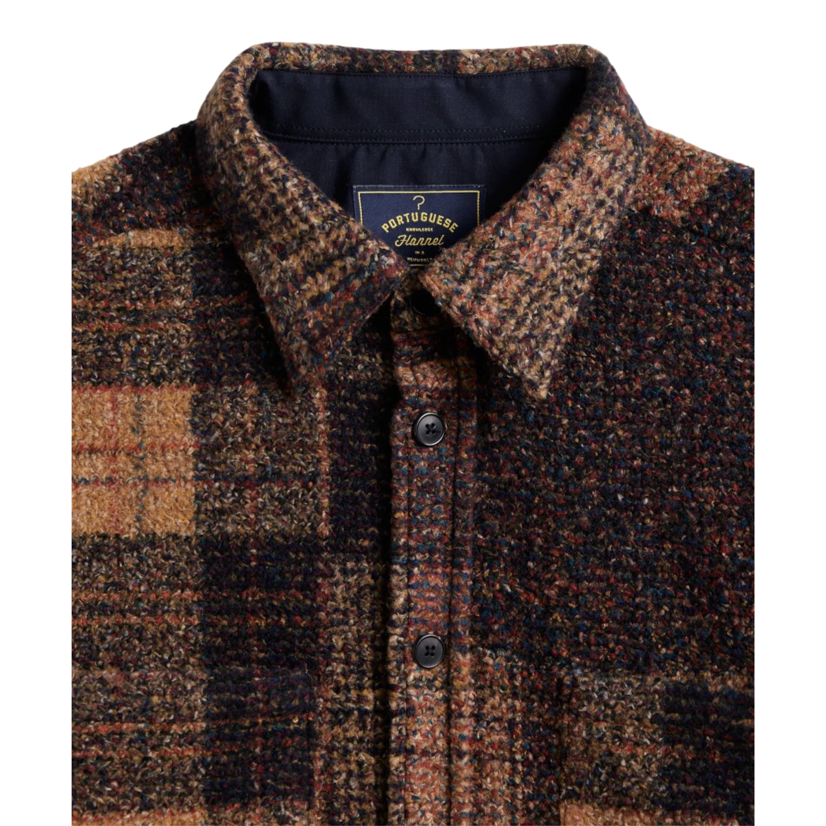 MILWORKS Zender wool plaid shirt in brown and navy tones with a classic collar and resin buttons