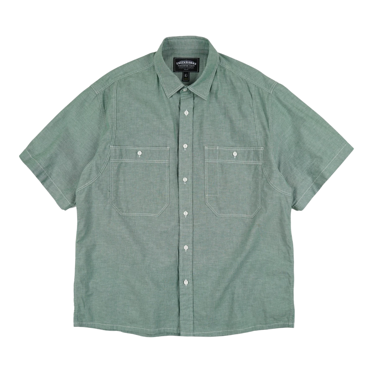 MILWORKSH green cotton chambray short-sleeve work shirt with dual chest pockets and white contrast stitching.