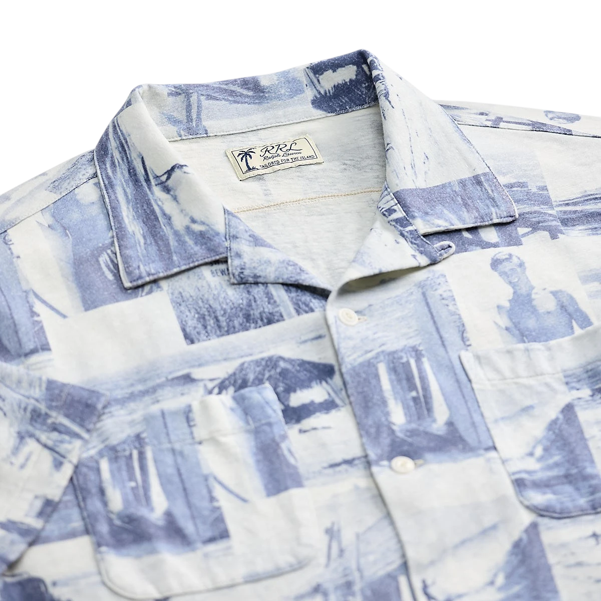 MILWORKSH Navy Multi photo-print linen-cotton camp shirt with camp collar, coconut shell buttons, and chest pockets.