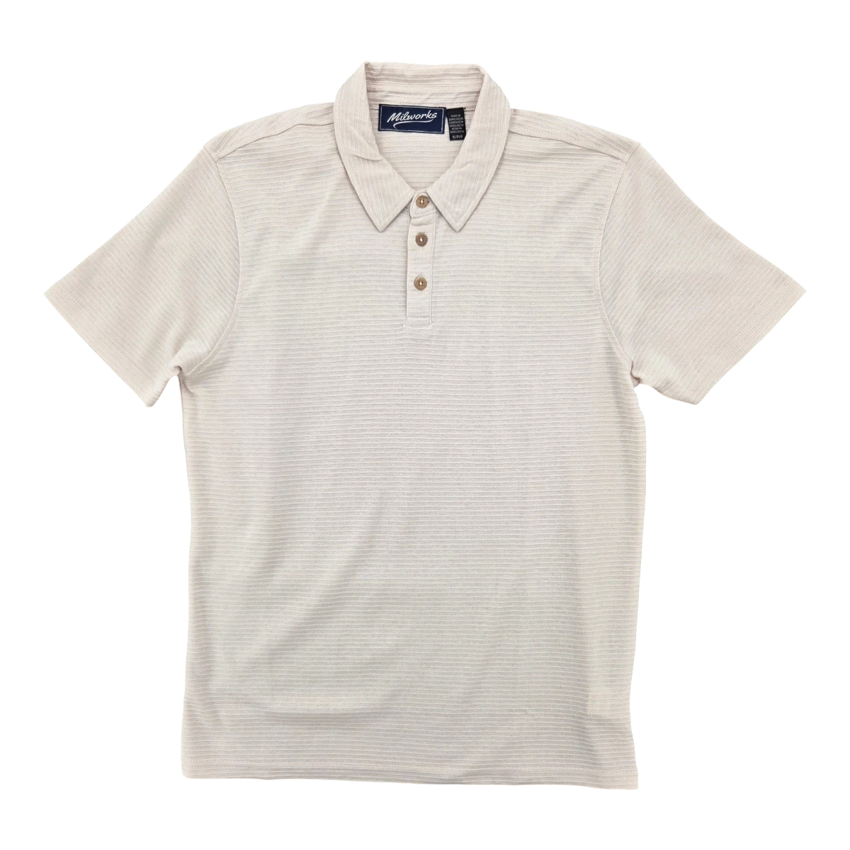 MILWORKSH short sleeve off-white polo shirt with textured horizontal stripes and button collar.