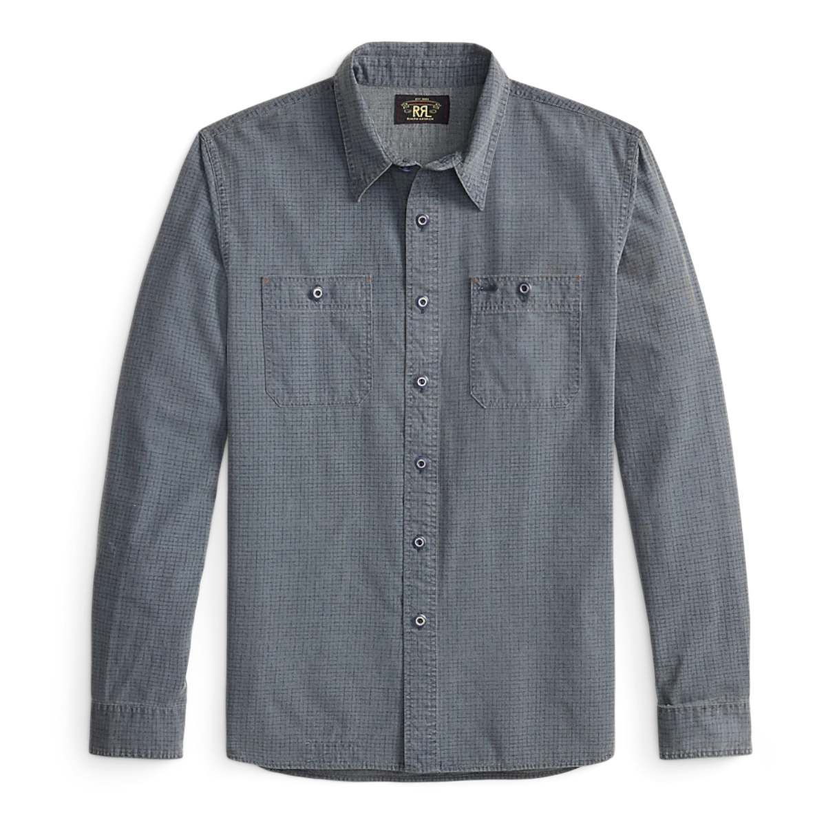Double RL blue navy woven cotton workshirt with a checked motif, two chest pockets, and distressed metal buttons.