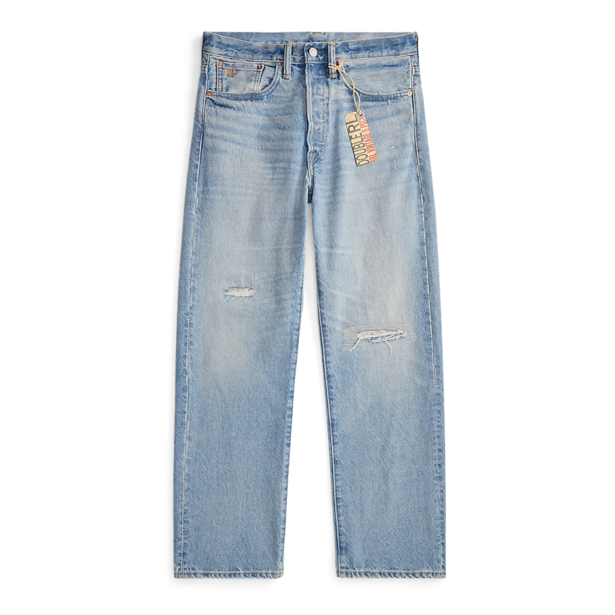 RRL Vintage 5-Pocket Bridgeview jeans in faded indigo denim with distressed details and a button fly.