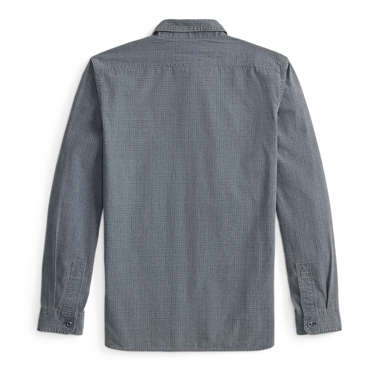 Double RL navy blue cotton workshirt with a subtle checked print, shown from the back view.