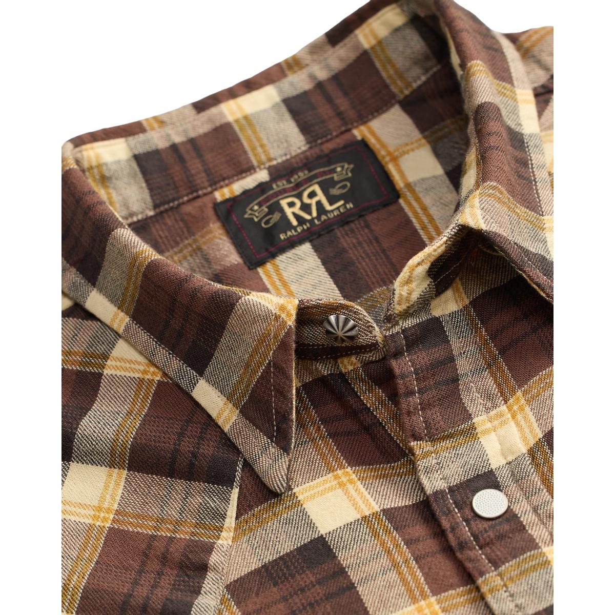 Slim Fit Plaid Twill Western Shirt Brown Mustard Cream