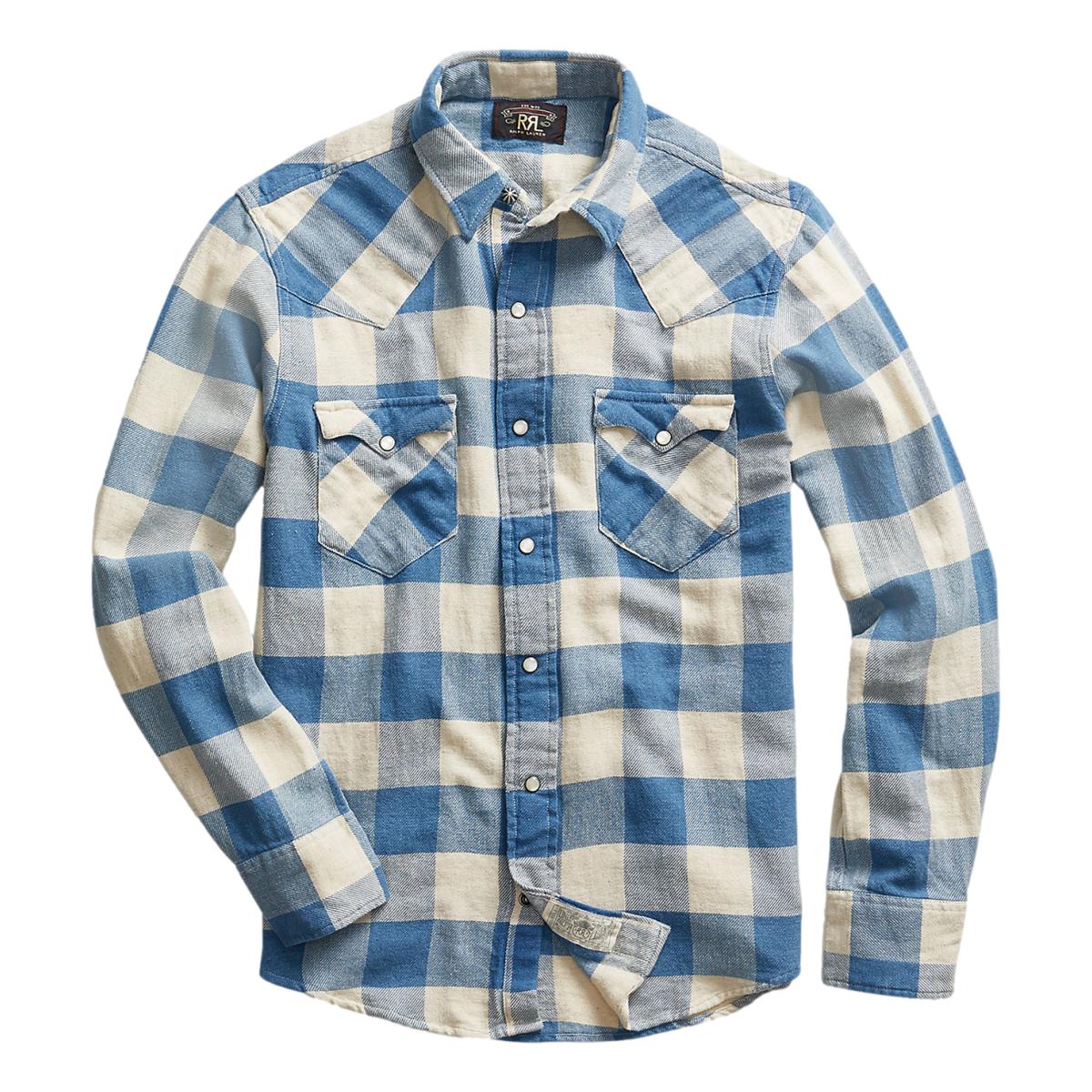 Slim Fit Plaid Twill Western Shirt Indigo Cream - Western