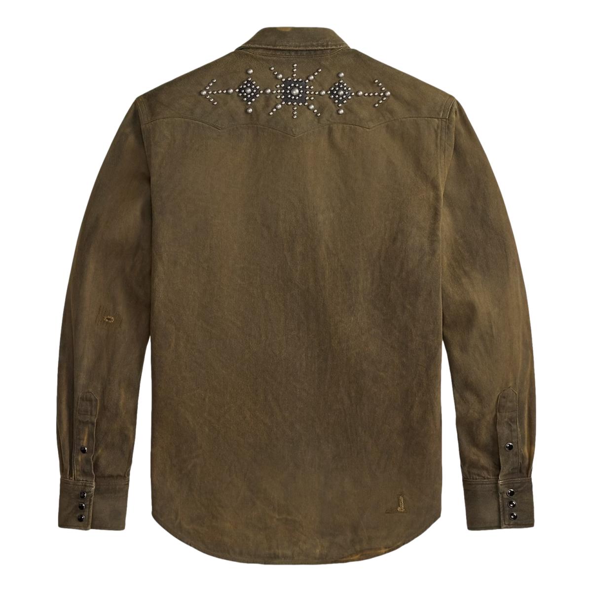 Slim Fit Studded Denim Western Shirt Distressed Brown Wash